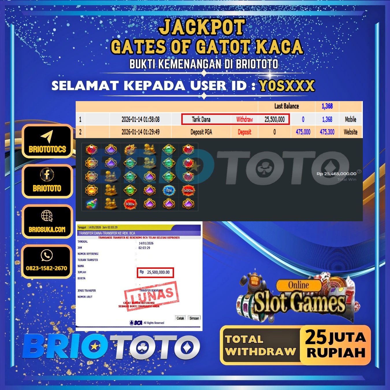 BRIOTOTO JACKPOT SLOT GATES OF GATOT KACA RP.25.000.000,- LUNAS USER ID : YOS****
