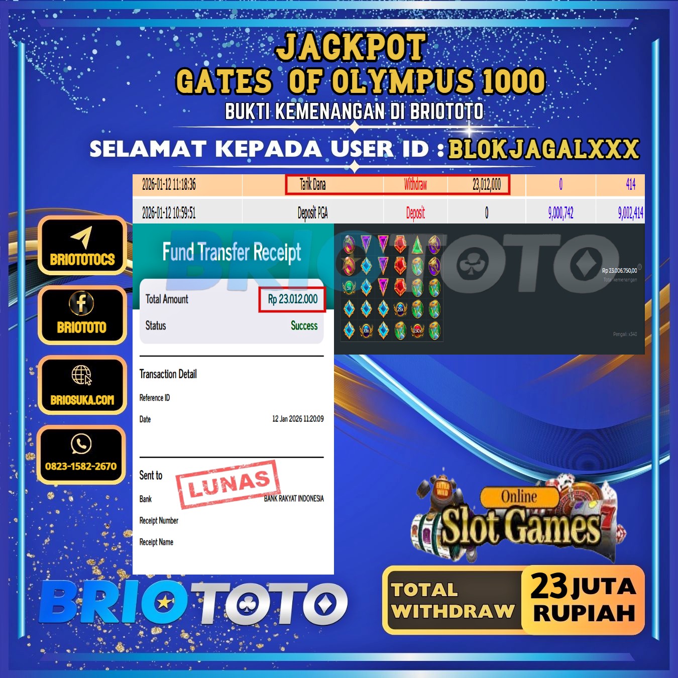 BRIOTOTO JACKPOT SLOT GATES OF OLYMPUS 1000 RP.23.000.000,- LUNAS USER ID : BLOKJAGAL***